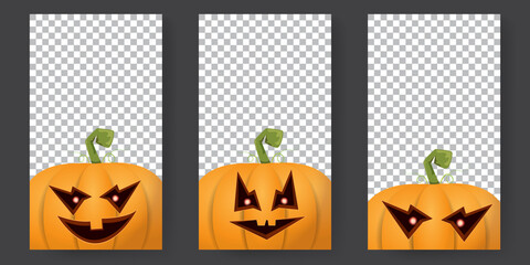 Halloween vertical cartoon stories set with Halloween scary pumpkins. Funky kids Halloween background with space for text
