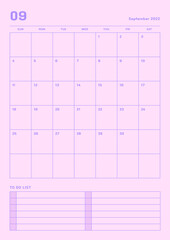 September 2022 colorful cute graphic design digital and printable calendar template illustration. Notes, scheduler, diary, calendar, memo, planner document template background.