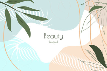 Abstract tropical modern background with leaves, geometric liquid shapes. Fashion template for design card, flyer, print etc