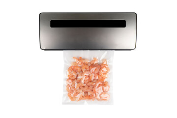 Vacuum packer machine with shrimps in a plastic bag isolated on a white background.