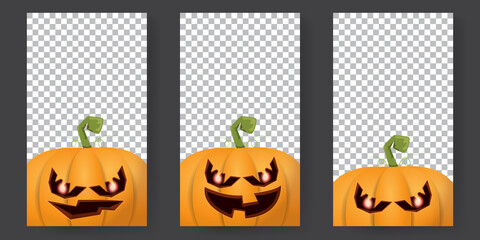 Halloween vertical cartoon stories set with Halloween scary pumpkins. Funky kids Halloween background with space for text