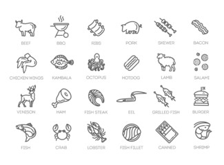 Meat, poultry, fish and eggs - minimal thin line web icon set - obrazy, fototapety, plakaty