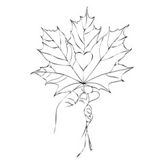 Vector illustration of a maple leaf. Hand drawing. Maple leaf in human hand print. Autumn element for composition.