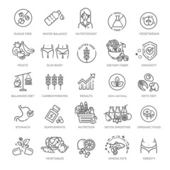 Web Set of Nutrition, Healthy food and Detox Diet Vector Thin Line Icons