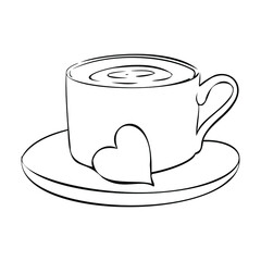 Vector illustration of a coffee cup and saucer. Heart as a decorative element. Hot drink. Tea drinking. Autumn drinks, tea, coffee.