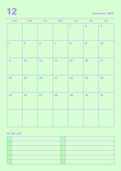 December 2022 colorful cute graphic design digital and printable calendar template illustration. Notes, scheduler, diary, calendar, memo, planner document template background.