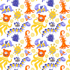 Cute monsters. Seamless pattern for kids fabric, wrapping, textile, wallpaper, apparel. Halloween. Vector.	