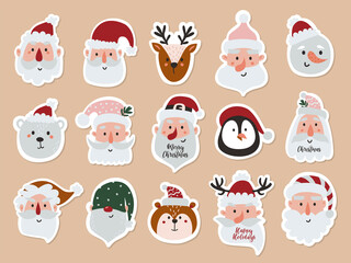 Set of stickers with santa faces and animals.