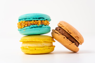Macaroons on a white background, colorful macaroons french cookies. Macaroons.
