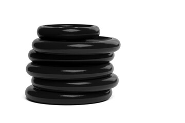 Fitness gym black weight plates stack over white background, muscle exercise, bodybuilding or fitness concept