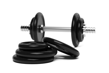 Obraz na płótnie Canvas Fitness gym weight plates with dumbbell in the background with chrome handle over white background, selective focus, muscle exercise, bodybuilding or fitness concept