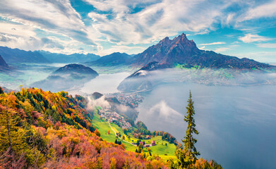 Captivating morning view of outskirts of Stansstad town, Switzerland, Europe. Impressive autumn...