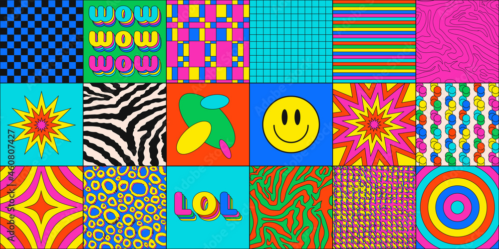 Poster set of abstract trendy 90s textures and backdrops. cartoon style modern backgrounds vector design. c