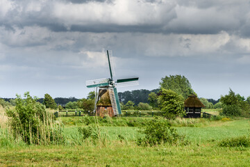 Naklejka premium Traditionelle Windmühle auf einem Feld in ländlicher Umgebung, Ostfriesland, Niedersachsen, Deutschland