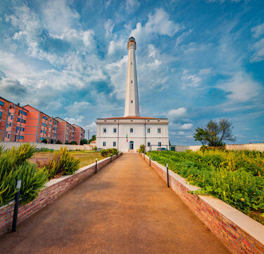 Majestic morning view of Faro di Punta Penna, Italy, Europe. Traveling concept background..