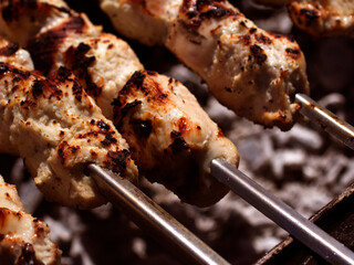 Shashlik bbq meat grilled on charcoal. Set of Shish Kebabs or Barbecue Shashlik Collection on Charcoal Background. Skewered Grilled Cubes Mix of Poultry Chicken Meat, Beef and Lamb