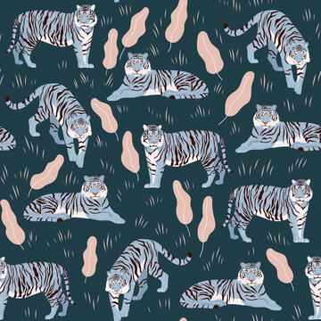 Seamless pattern with tigers. Stylish illustration. Chinese blue aquatic new year symbol.