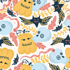 Cartoon Halloween Seamless Pattern. Magic hand drawn doodle elemetns.