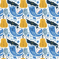 Cartoon Halloween Seamless Pattern. Magic hand drawn doodle elemetns.