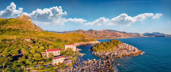 Panoramic evening view from flying drone of scenic spot - La Secca, Maratea Castrocucco location,...
