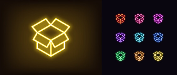 Outline neon unbox icon. Glowing neon box sign, open package and cargo - obrazy, fototapety, plakaty