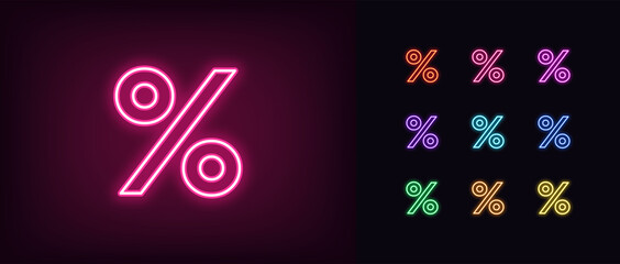 Outline neon percentage icon. Glowing neon percent sign, discount pictogram in vivid colors - obrazy, fototapety, plakaty