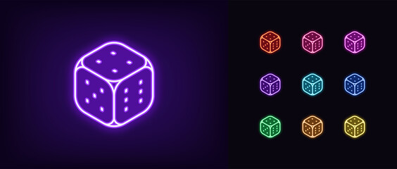 Outline neon dice icon. Glowing neon dice sign, playing cube pictogram in vivid colors © Дмитрий Майер