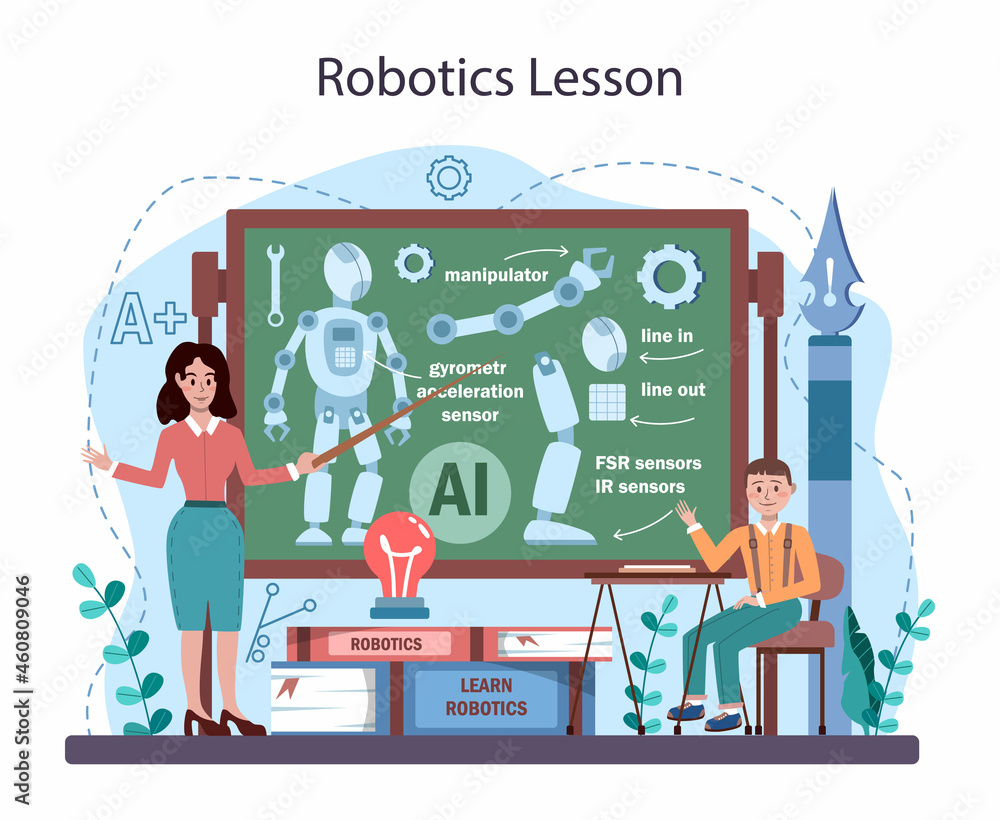 Poster robotics school subject. students learning robot components