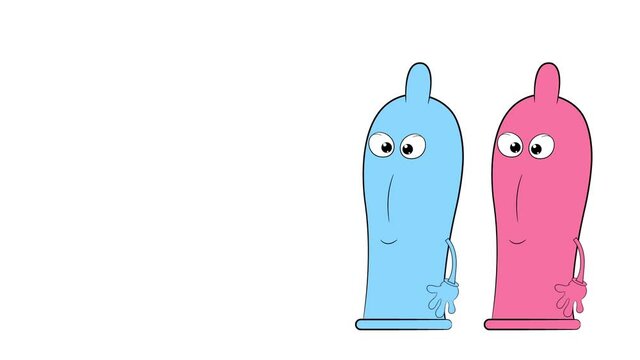 Two condoms are laughing. Two condoms. Cartoon characters. Animation on a white background.