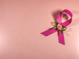 Top view, close up. Pink ribbon like a symbol of Breast Cancer Awareness.