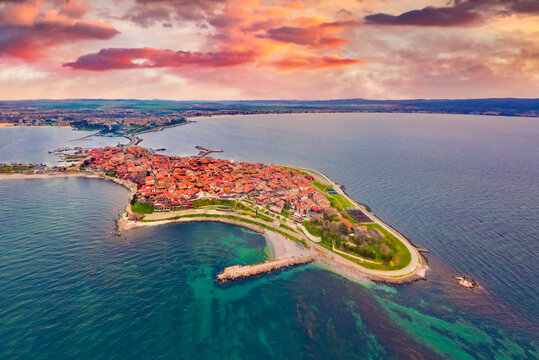 Wonderful spring view from flying drone of old town of Nessebar. Picturesque seascape of Black sea. Aerial outdoor scene of Bulgaria, Europe. Traveling concept background. Beautiful summer scenery.