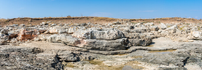 Eroded rock formations on the seashore near the village of shabla