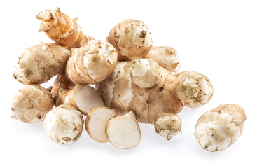Jerusalem artichoke roots isolated on white background.