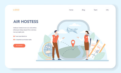 Stewardess web banner or landing page. Flight attendants help passenger