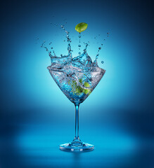 Martini glass with amazing splash as the result of olive berries falling down in it. Blue background.