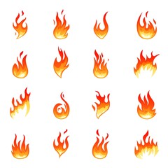 Cartoon flame collection. Hot fire flames, isolated glowing red heat. Heating graphic elements, torch effect. Bonfire shapes recent vector icons