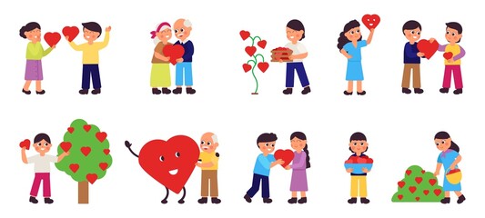 People sharing hearts. Giving heart, children and adults with love symbols. Donations and charity, volunteering. Support community decent vector characters