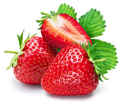 Ripe strawberry fruits with green leaf on white background.