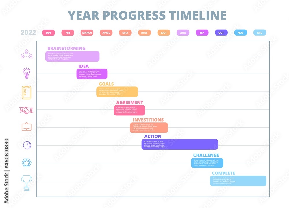Poster project timeline graph. chart startup development, business process progress. step by step work mana