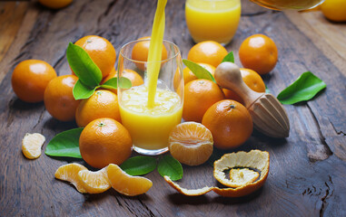 Pouring tangerine juice into the glass. Tangerine fruits and slices are near the glass on dark wooden table.