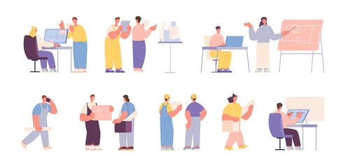 Architect builder characters. Industrial engineering team, experts construction. Flat male female contractors, design worker utter vector collection