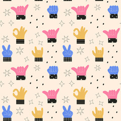 Seamless pattern of colorful abstract hands in different gestures emotions and signs. Modern vector illustration in trendy colors. Interactive communication, forefinger sign
