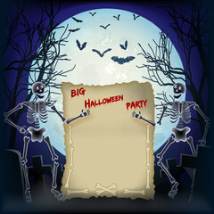 Halloween poster with skeletons, big full moon and space for Invitation to Big Halloween Party.