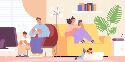 Family at home with gadget. Parents, kids use smartphone and playing computer. Modern digital lifestyle. Social media addiction utter vector scene