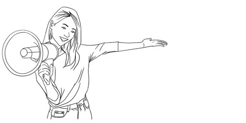 A woman take microphone and show something to other people. Suitable for promotion traveling or discount end year marketing