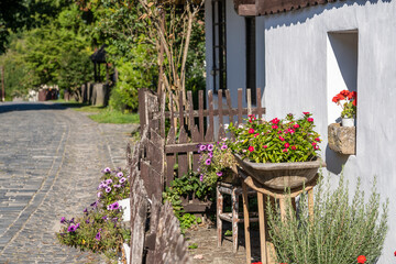 Fototapeta na wymiar Old rural house and yard with flowers in ethnographic village Holloko in Hungary