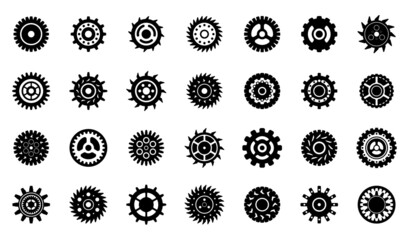 Mechanical gears elements. Cogs gear wheel, isolated mechanical icons. Engineering symbol, clock or car details. Black cogwheels recent vector set