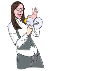 A woman take microphone and show something to other people. Suitable for promotion traveling or discount end year marketing