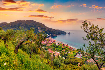 Attractive summer cityscape of Agios Gordios village, Achilleio municipality. Wonderful morning...
