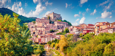 Panoramic summer view of Caracciolo di Brienza Castle. Sunny morning cityscape of Brienza town, Italy, Europe. Traveling concept background..